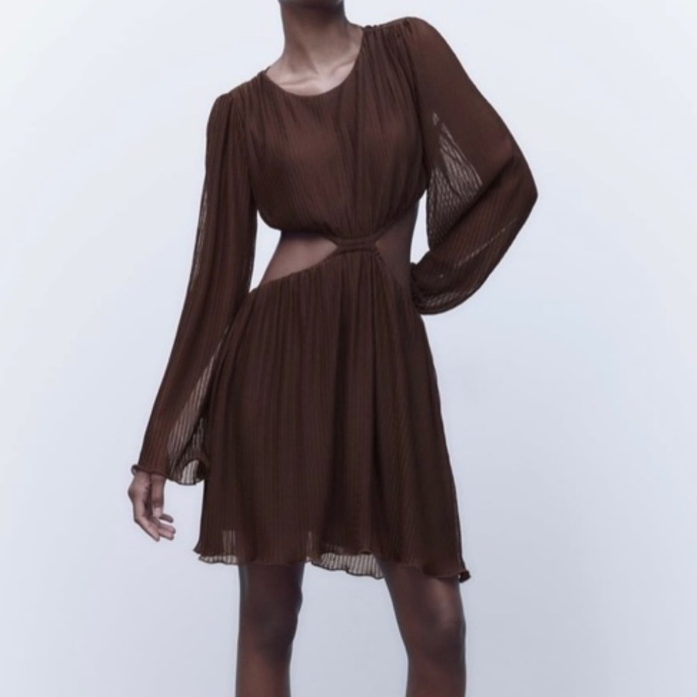 NWT ZARA BROWN PLEATED CUT OUT MINI DRESS